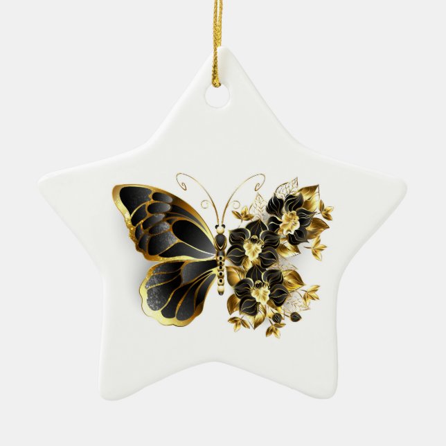 Goldener Schmetterling mit schwarzem Orchid Keramik Ornament (Vorne)