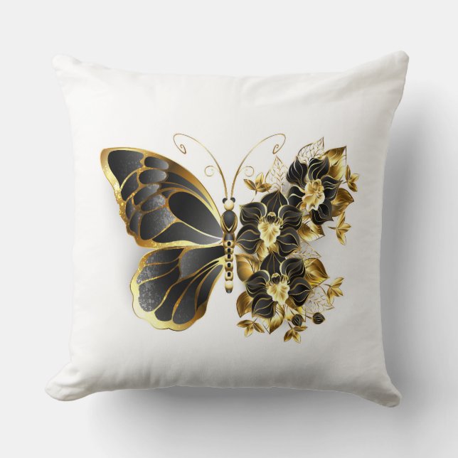 Goldener Schmetterling mit schwarzem Orchid Kissen (Vorderseite)
