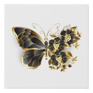 Goldener Schmetterling mit schwarzem Orchid Künstlicher Leinwanddruck
