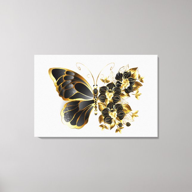Goldener Schmetterling mit schwarzem Orchid Leinwanddruck (Vorderseite)