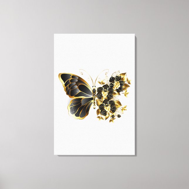 Goldener Schmetterling mit schwarzem Orchid Leinwanddruck (Vorderseite)