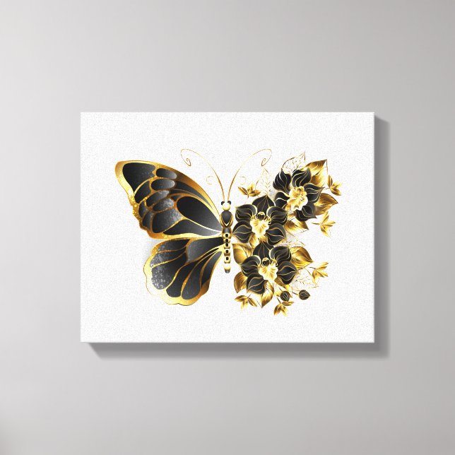 Goldener Schmetterling mit schwarzem Orchid Leinwanddruck (Vorderseite)