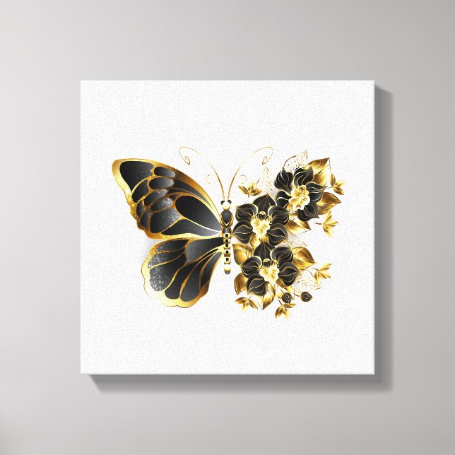 Goldener Schmetterling mit schwarzem Orchid Leinwanddruck (Vorderseite)