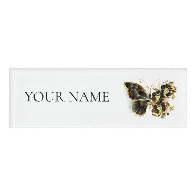 Goldener Schmetterling mit schwarzem Orchid Namenschild (Vorderseite)