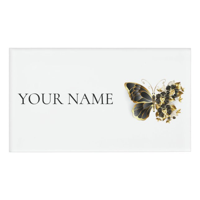 Goldener Schmetterling mit schwarzem Orchid Namenschild (Vorderseite)