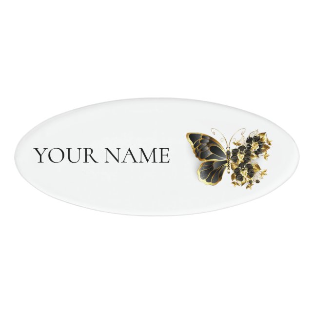 Goldener Schmetterling mit schwarzem Orchid Namenschild (Vorderseite)