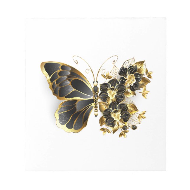 Goldener Schmetterling mit schwarzem Orchid Notizblock (Vorderseite)