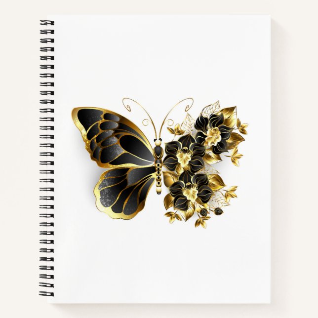 Goldener Schmetterling mit schwarzem Orchid Notizbuch (Vorderseite)
