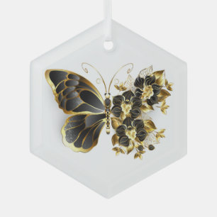 Goldener Schmetterling mit schwarzem Orchid Ornament Aus Glas