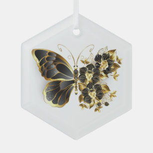 Goldener Schmetterling mit schwarzem Orchid Ornament Aus Glas