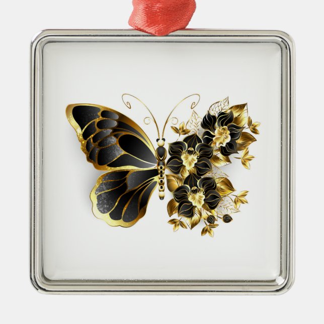 Goldener Schmetterling mit schwarzem Orchid Ornament Aus Metall (Vorne)