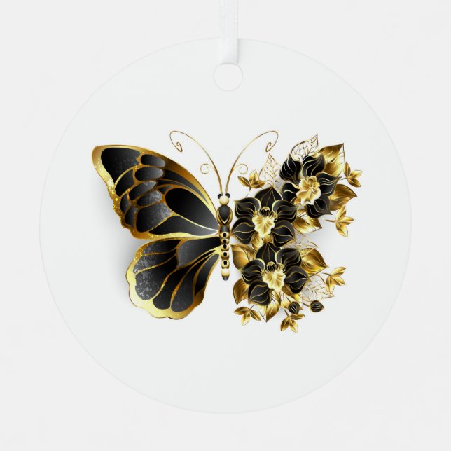 Goldener Schmetterling mit schwarzem Orchid Ornament Aus Metall (Vorderseite)