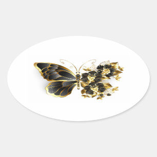 Goldener Schmetterling mit schwarzem Orchid Ovaler Aufkleber
