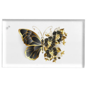 Goldener Schmetterling mit schwarzem Orchid Platzkartenhalter