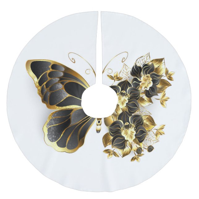 Goldener Schmetterling mit schwarzem Orchid Polyester Weihnachtsbaumdecke (Vorderseite)