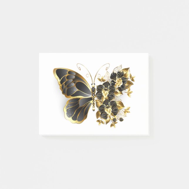 Goldener Schmetterling mit schwarzem Orchid Post-it Klebezettel (Vorderseite)