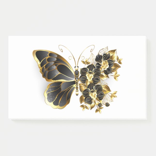 Goldener Schmetterling mit schwarzem Orchid Post-it Klebezettel (Vorderseite)