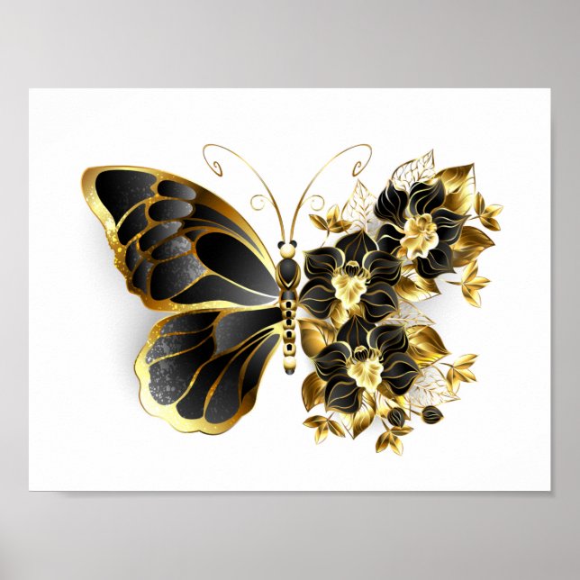 Goldener Schmetterling mit schwarzem Orchid Poster (Vorne)