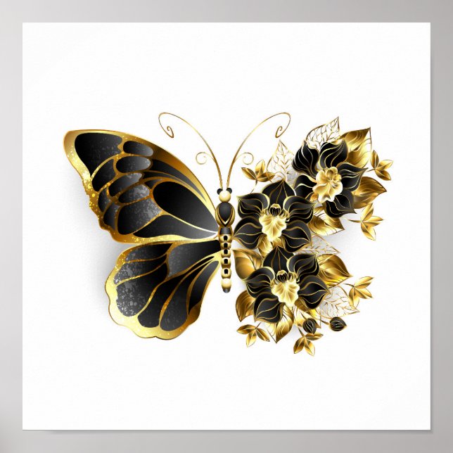 Goldener Schmetterling mit schwarzem Orchid Poster (Vorne)