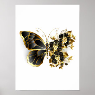 Goldener Schmetterling mit schwarzem Orchid Poster