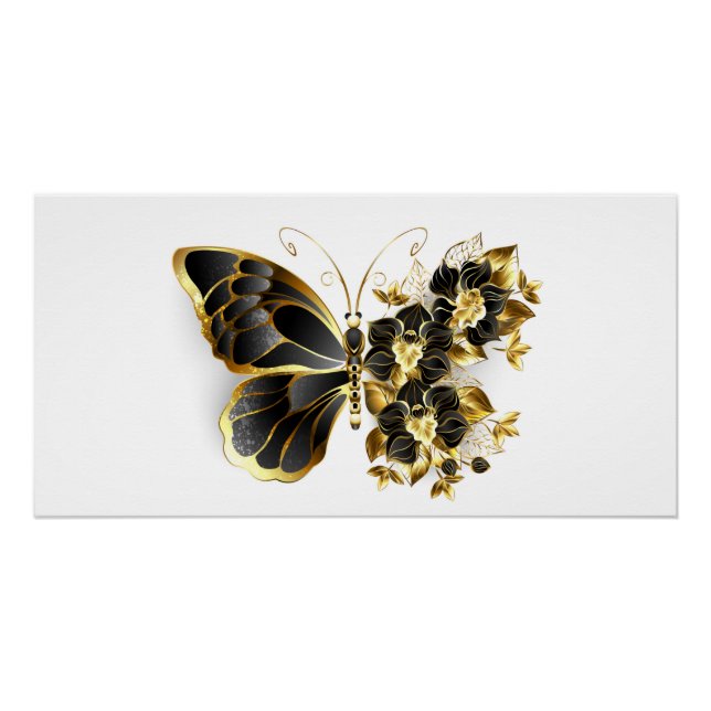 Goldener Schmetterling mit schwarzem Orchid Poster (Vorderseite)
