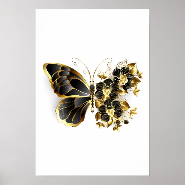 Goldener Schmetterling mit schwarzem Orchid Poster (Vorne)