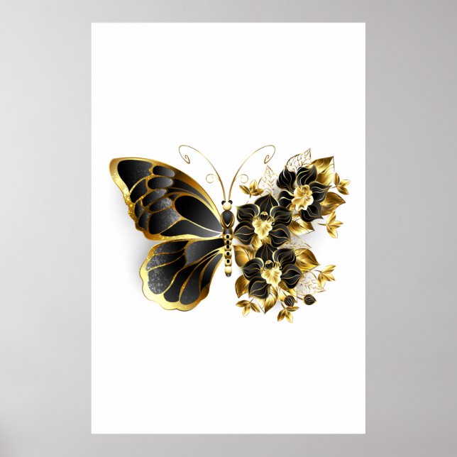 Goldener Schmetterling mit schwarzem Orchid Poster (Vorne)