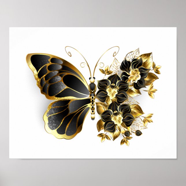 Goldener Schmetterling mit schwarzem Orchid Poster (Vorne)