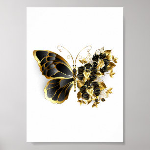 Goldener Schmetterling mit schwarzem Orchid Poster