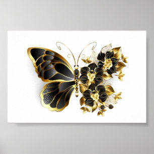 Goldener Schmetterling mit schwarzem Orchid Poster