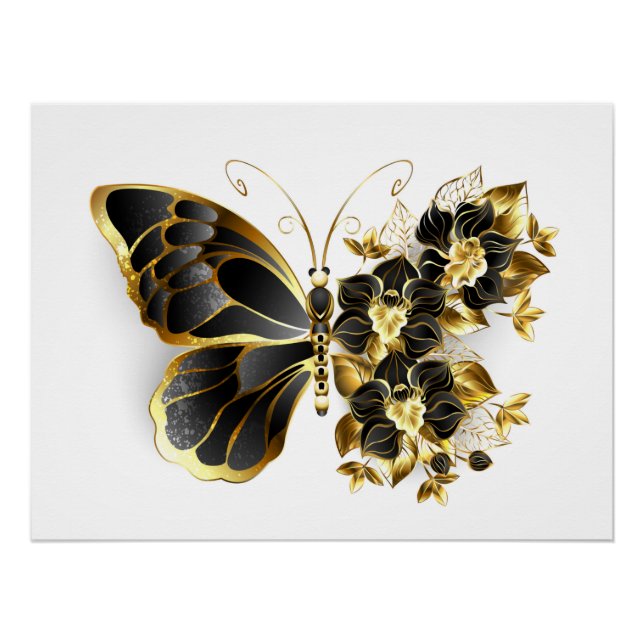 Goldener Schmetterling mit schwarzem Orchid Poster (Vorderseite)