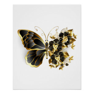 Goldener Schmetterling mit schwarzem Orchid Poster