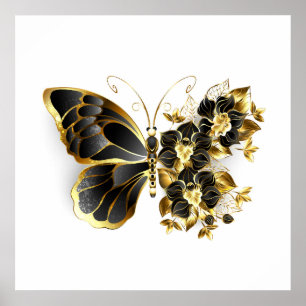 Goldener Schmetterling mit schwarzem Orchid Poster