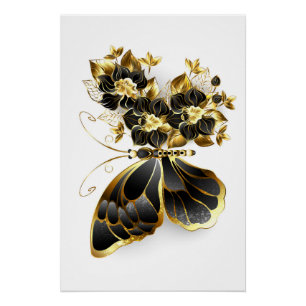 Goldener Schmetterling mit schwarzem Orchid Poster