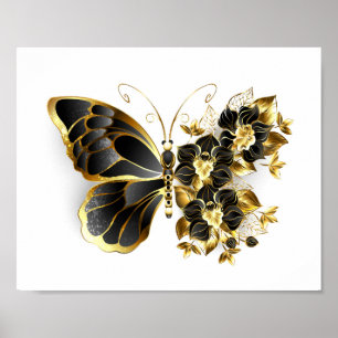 Goldener Schmetterling mit schwarzem Orchid Poster