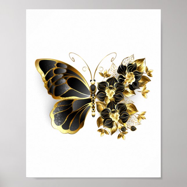 Goldener Schmetterling mit schwarzem Orchid Poster (Vorne)