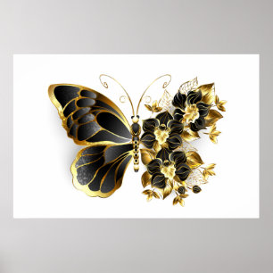 Goldener Schmetterling mit schwarzem Orchid Poster