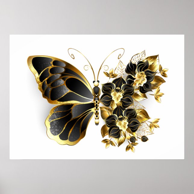 Goldener Schmetterling mit schwarzem Orchid Poster (Vorne)