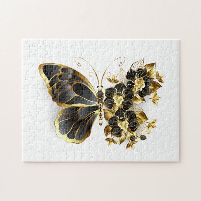Goldener Schmetterling mit schwarzem Orchid Puzzle (Horizontal)