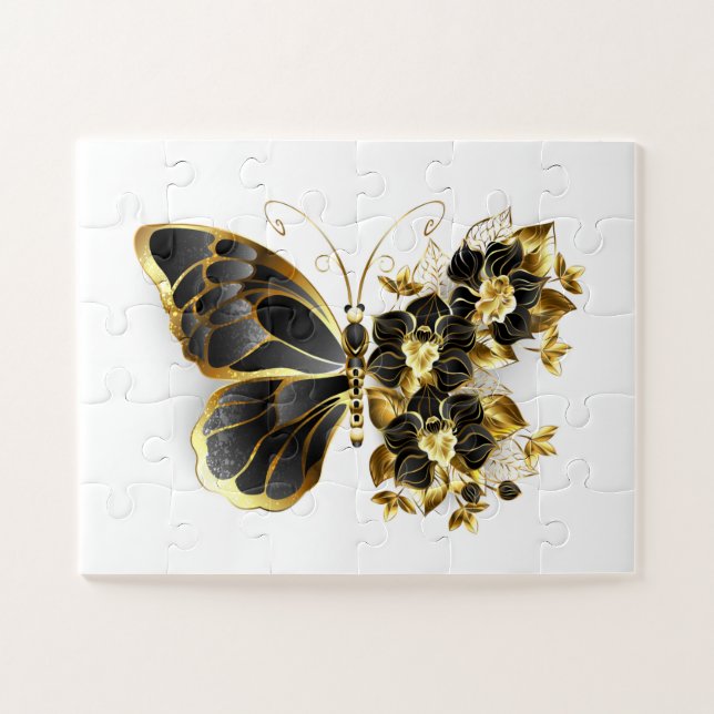 Goldener Schmetterling mit schwarzem Orchid Puzzle (Horizontal)