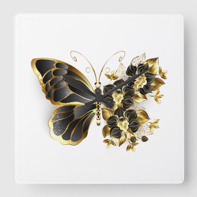 Goldener Schmetterling mit schwarzem Orchid Quadratische Wanduhr (Vorderseite)