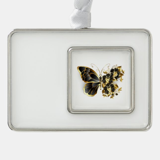 Goldener Schmetterling mit schwarzem Orchid Rahmen-Ornament Silber (Vorderseite)