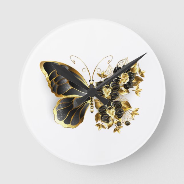 Goldener Schmetterling mit schwarzem Orchid Runde Wanduhr (Vorderseite)