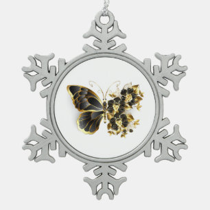 Goldener Schmetterling mit schwarzem Orchid Schneeflocken Zinn-Ornament
