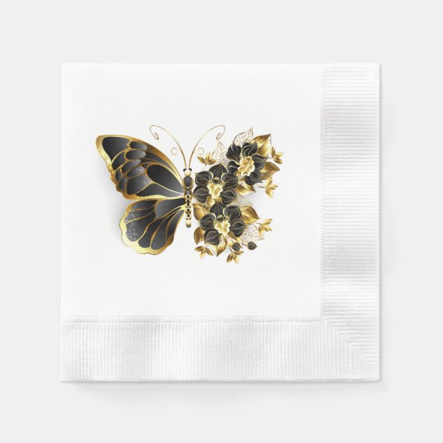 Goldener Schmetterling mit schwarzem Orchid Serviette (Vorderseite)