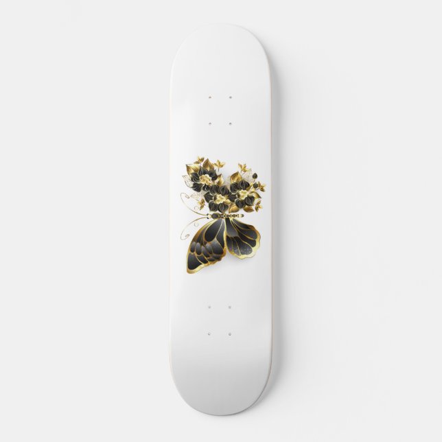 Goldener Schmetterling mit schwarzem Orchid Skateboard (Vorderseite)