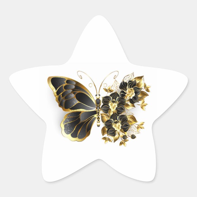 Goldener Schmetterling mit schwarzem Orchid Stern-Aufkleber (Vorderseite)