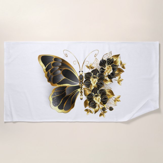 Goldener Schmetterling mit schwarzem Orchid Strandtuch (Vorderseite)