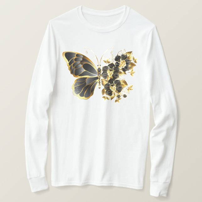 Goldener Schmetterling mit schwarzem Orchid T-Shirt (Design vorne)