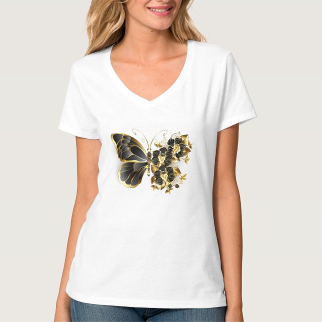 Goldener Schmetterling mit schwarzem Orchid T-Shirt (Vorderseite)